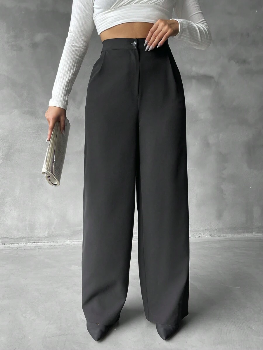 SHEIN Cottnline Women's Plus Size Solid Color Wide Leg Pants - Black - View 1