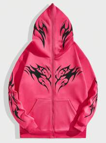ROMWE MEN Goth Sudadera Con Capucha Con Cremallera Frontal Impresa Para Hombres - Rosa Fucsia - Ver 1