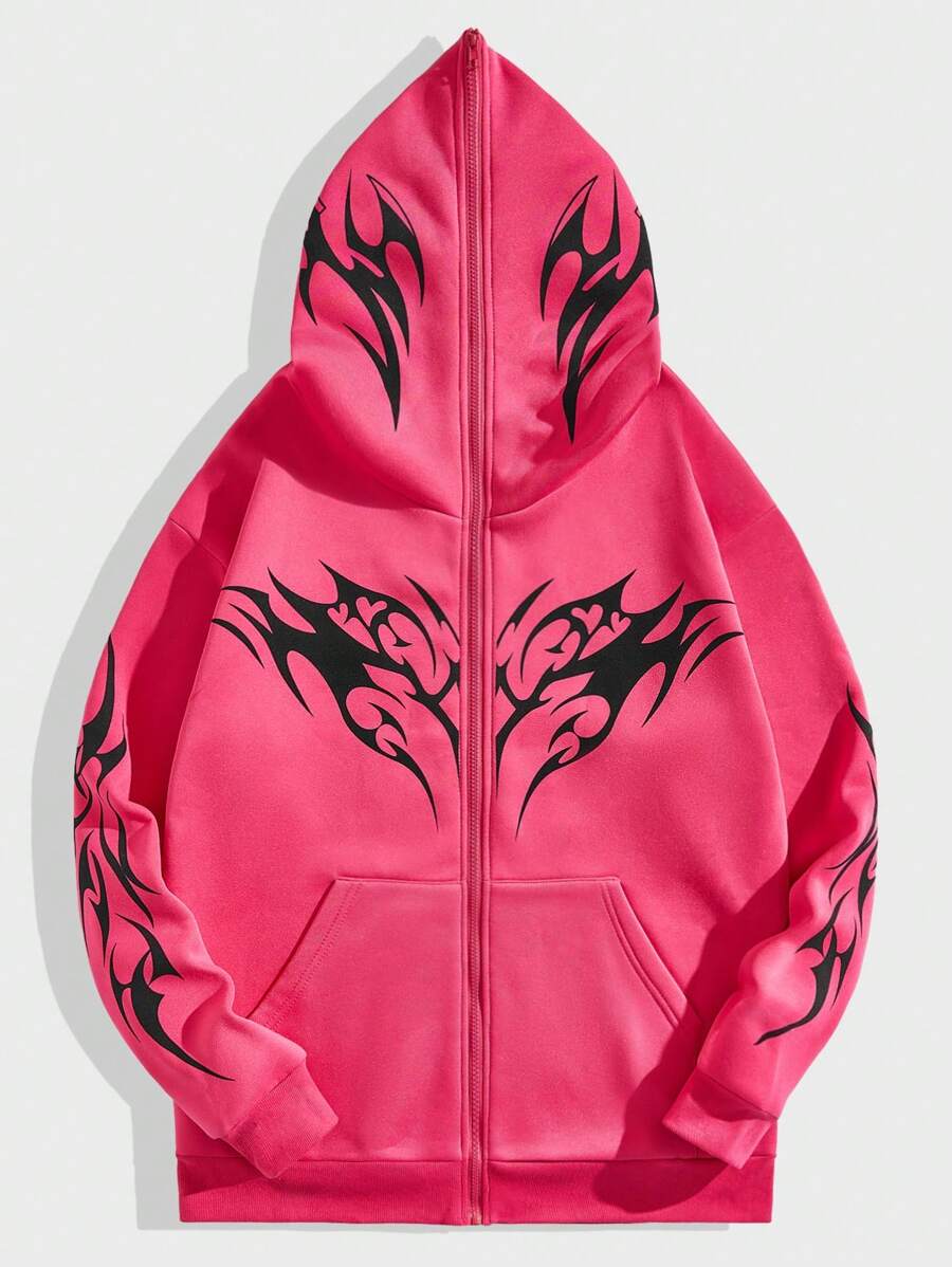 ROMWE MEN Goth Sudadera Con Capucha Con Cremallera Frontal Impresa Para Hombres - Rosa Fucsia - Ver 1