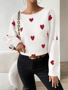 Chiquease 女士心形圖案蝙蝠袖毛衣 - 白色 - 查看 3