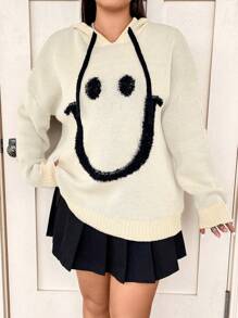 Flirla Plus Size Cartoon Face Pattern Hooded Sweater Knit Pullover Fall Winter Sweater - Beige - View 8