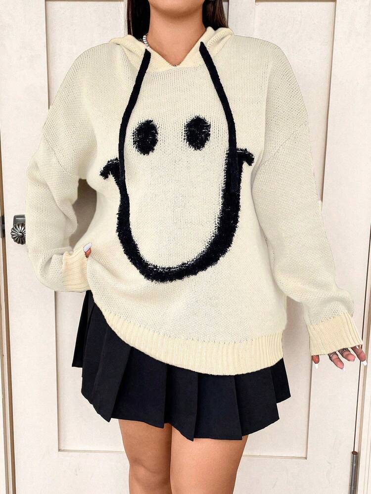 Plus Size Cartoon Face Pattern Hooded Sweater Knit Pullover Fall Winter Sweater