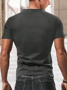 Men's Solid Color Casual Summer Street V-Neck Short Sleeve T-Shirt - Dark Grey - View 2