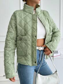 EURMUSE Chaqueta Acolchada De Color Sólido Con Bolsillos De Parche Con Cordón De Decoración - Verde - Ver 5