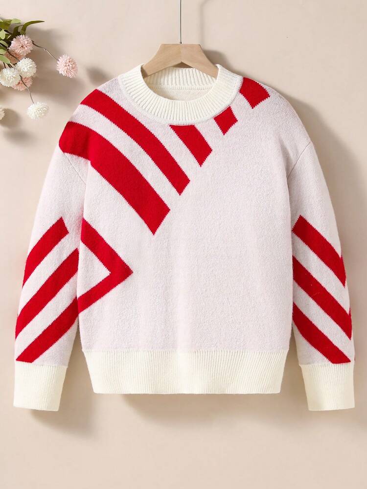 Fashionable Colorblock Round Neck Striped Sweatshirt For Teenage Girls