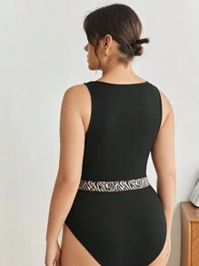 BizChic Plus Zebra Striped Tape Ribbed Knit Bodysuit - Black - View 2