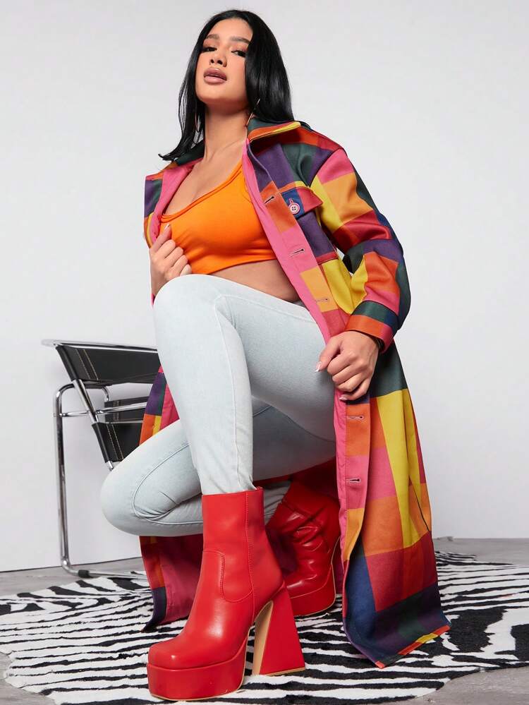 Women'S New Year Dopamine Color Plaid Printed Overcoat