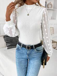 SHEIN Clasi Swiss Dot Lantern Sleeve Mock Neck Top - White - View 3