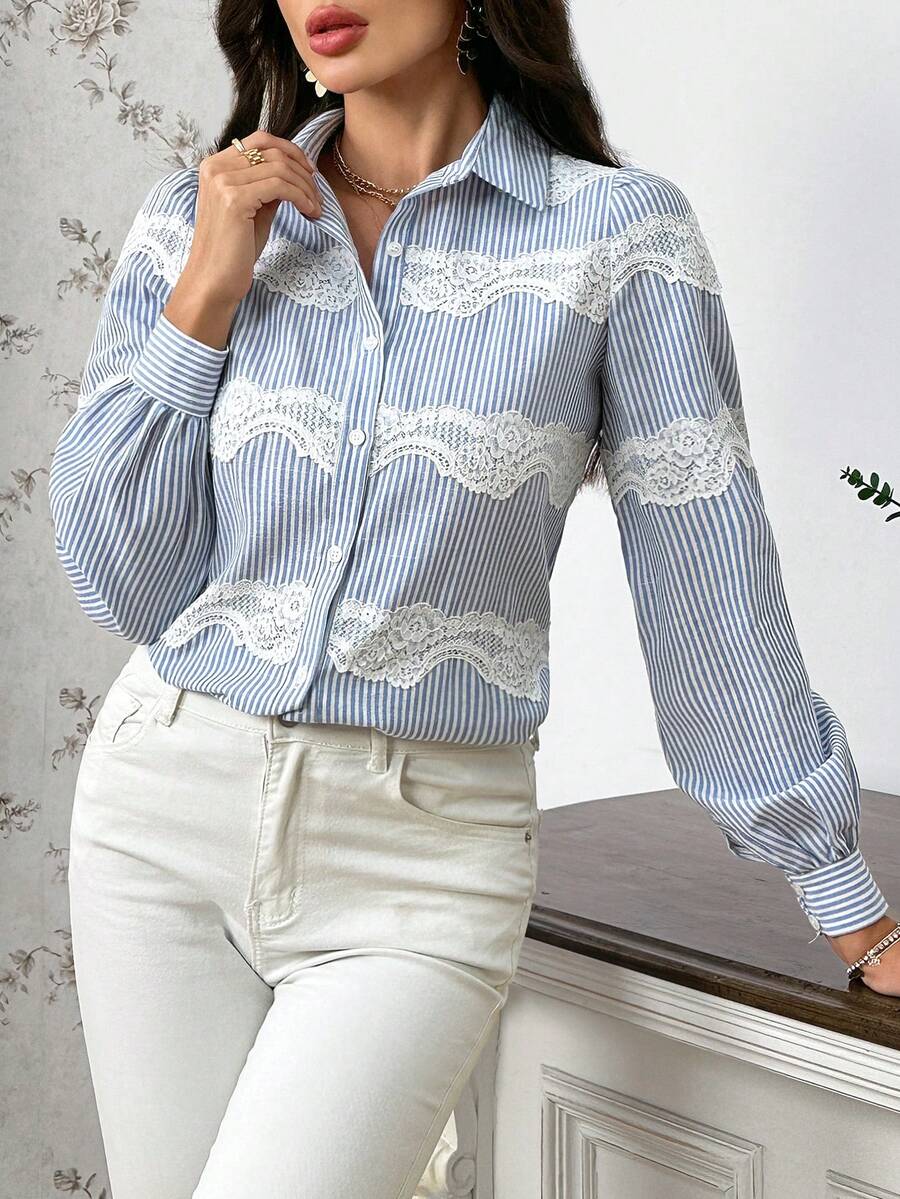 SHEIN Privé Striped Printed Collared Shirt With Patchwork Of Lace Puffy Sleeves - Blue - View 1