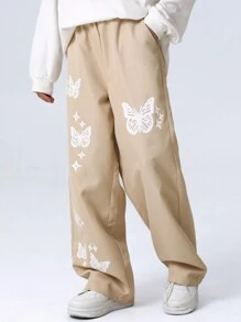 SHEIN Tween Girl Butterfly Printed Wide Leg Pants - Khaki - View 1