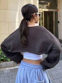 Dazy Star 1pc Solid Drop Shoulder Super Crop Sweater - Coffee Brown - View 8