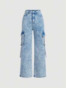 SHEIN Teen Girl Side Double Pocket Denim Jeans Suitable For Daily Casual Summer Wear - Light Wash - View 1