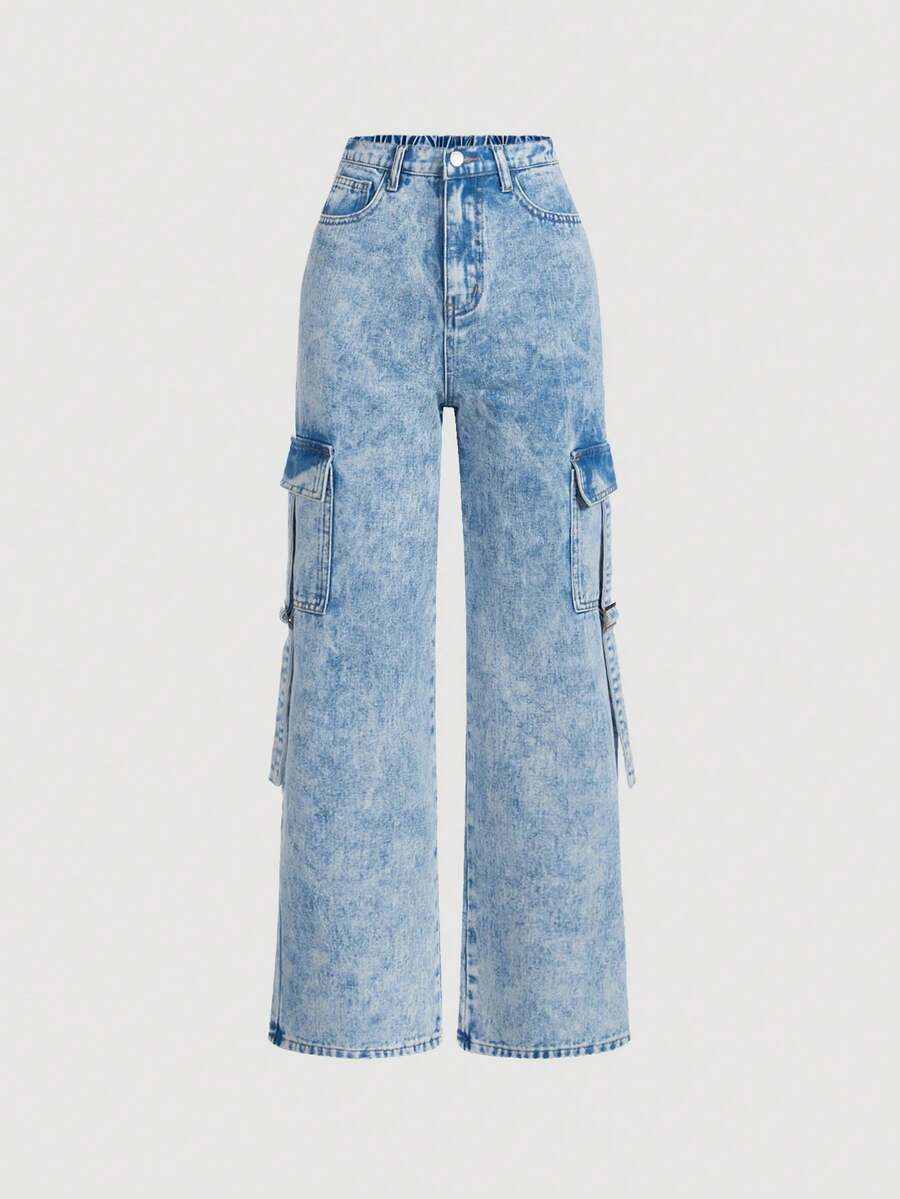 SHEIN Teen Girl Side Double Pocket Denim Jeans Suitable For Daily Casual Summer Wear - Light Wash - View 1