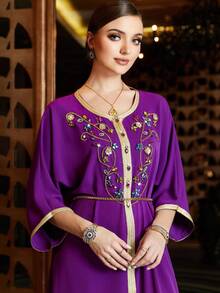 Al Najma Contrast Binding Batwing Sleeve Turkish And Arabic Traditional Kaftan - Purple - View 4