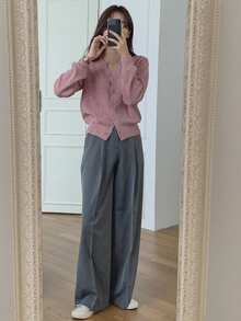 DAZY 女式前扣釦羊毛衫 - 粉色 - 查看 8