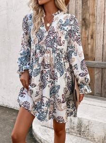 SHEIN VCAY In hoa Paisley Đường viền cổ có rãnh Đầm - Xanh và trắng - Xem 1