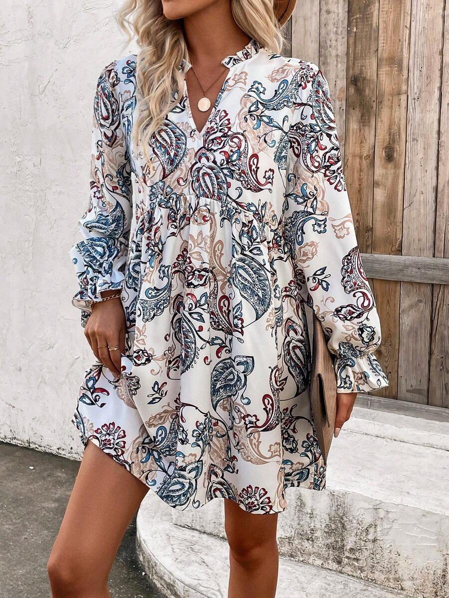 SHEIN VCAY In hoa Paisley Đường viền cổ có rãnh Đầm - Xanh và trắng - Xem 1