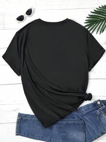 SHEIN EZwear Kích thước lớn con chuồn chuồn & In Khẩu hiệu Áo thun - màu đen - Xem 2