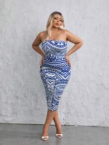 SHEIN SXY Hơn In hoa Đầm bó sát ống - Màu xanh lam - Xem 4