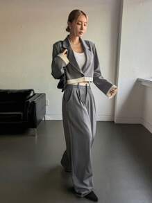 Dazy Star Contrast Trim Crop Blazer & Wide Leg Pants - Grey - View 8