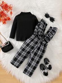 Baby Girls' Casual Vintage Plaid Jumpsuit With Base Shirt And Pants Set, For Christmas - Black and White - View 2