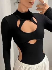 SHEIN ICON Cut Out Mock Neck Bodysuit - Black - View 5