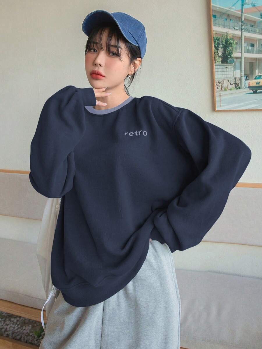 DAZY Tay áo dài Áo nỉ Với In Đồ họa - Màu xanh hải quân - Xem 1