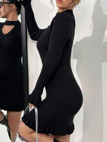 SHEIN Unity 鏤空荷葉邊毛衣洋裝 - 黑色 - 查看 4