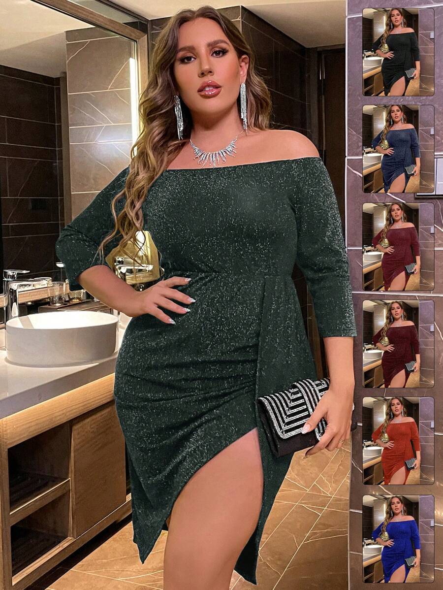 Allurite Plus Size Green Off Shoulder Sparkly Slit Dress - Dark Green - View 1