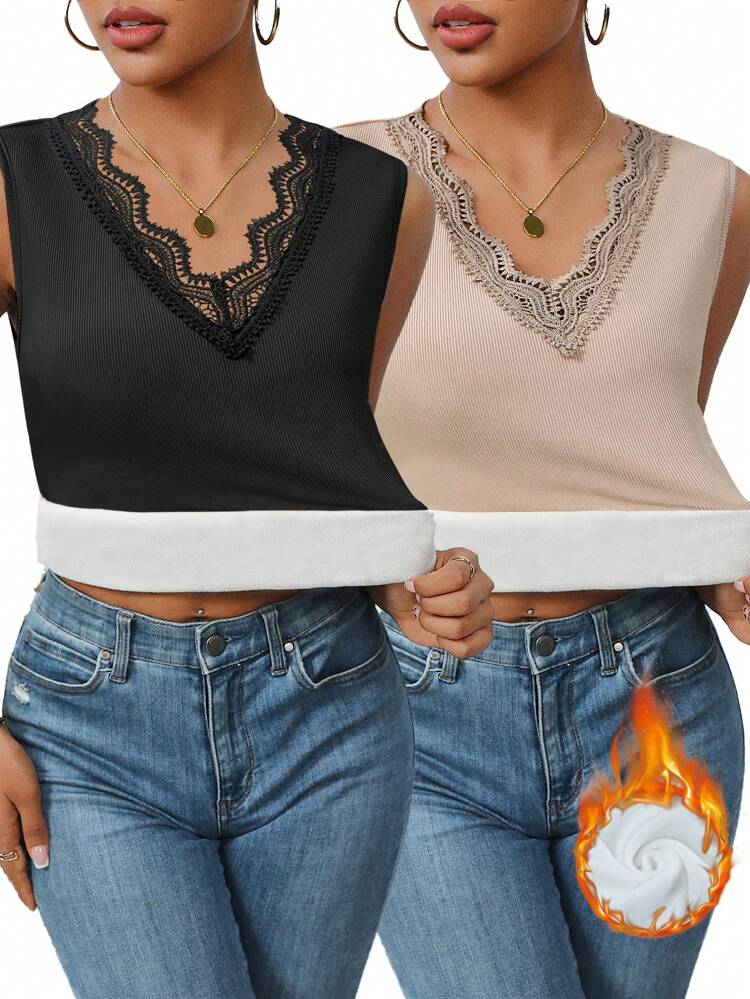 2pcs Lace Patchwork Thermal Lined Tank Top