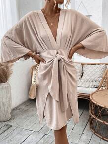 SHEIN Privé Batwing Sleeve Knotted Front Dress - Khaki - View 5