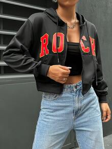 SHEIN Unity 女款信封印花帶束口設計連帽衫 - 黑色 - 查看 5