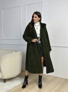 Plus Size Double-breasted Hooded Plush Coat With Slanted Pockets - Army Green - View 6
