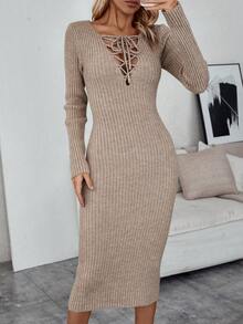 SHEIN Privé Lace Up Front Ribbed Knit Sweater Dress - Khaki - View 6