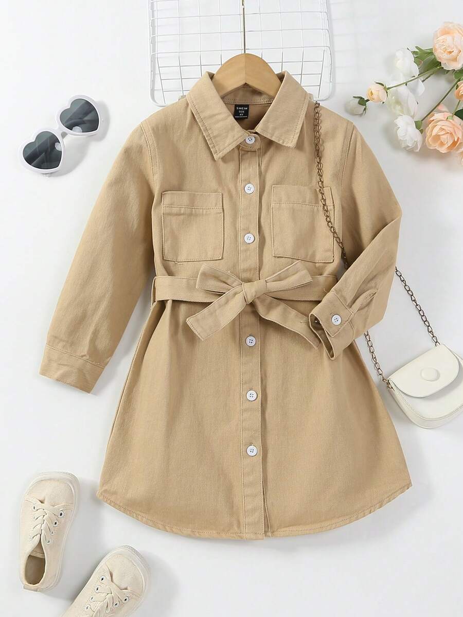 年輕女孩貼袋束帶襯衫牛仔連身裙