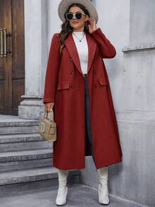Calvaya Plus Size Red Double Breasted Mid-Length Coat - Burgundy - View 5