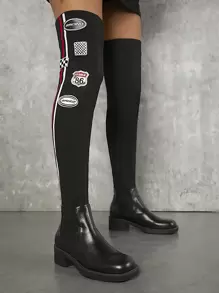 SHUZIA Women Shoes Stretchy Print Decor Round Toe Over The Knee High Heeled Casual Fashionable Fabric PU Black Boots Christmas Fall Winter - Red - View 6