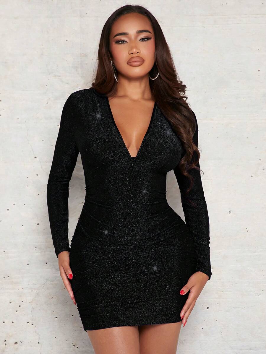 SHEIN SXY 深 V 领亮片紧身连衣裙 - 黑色 - 查看 1