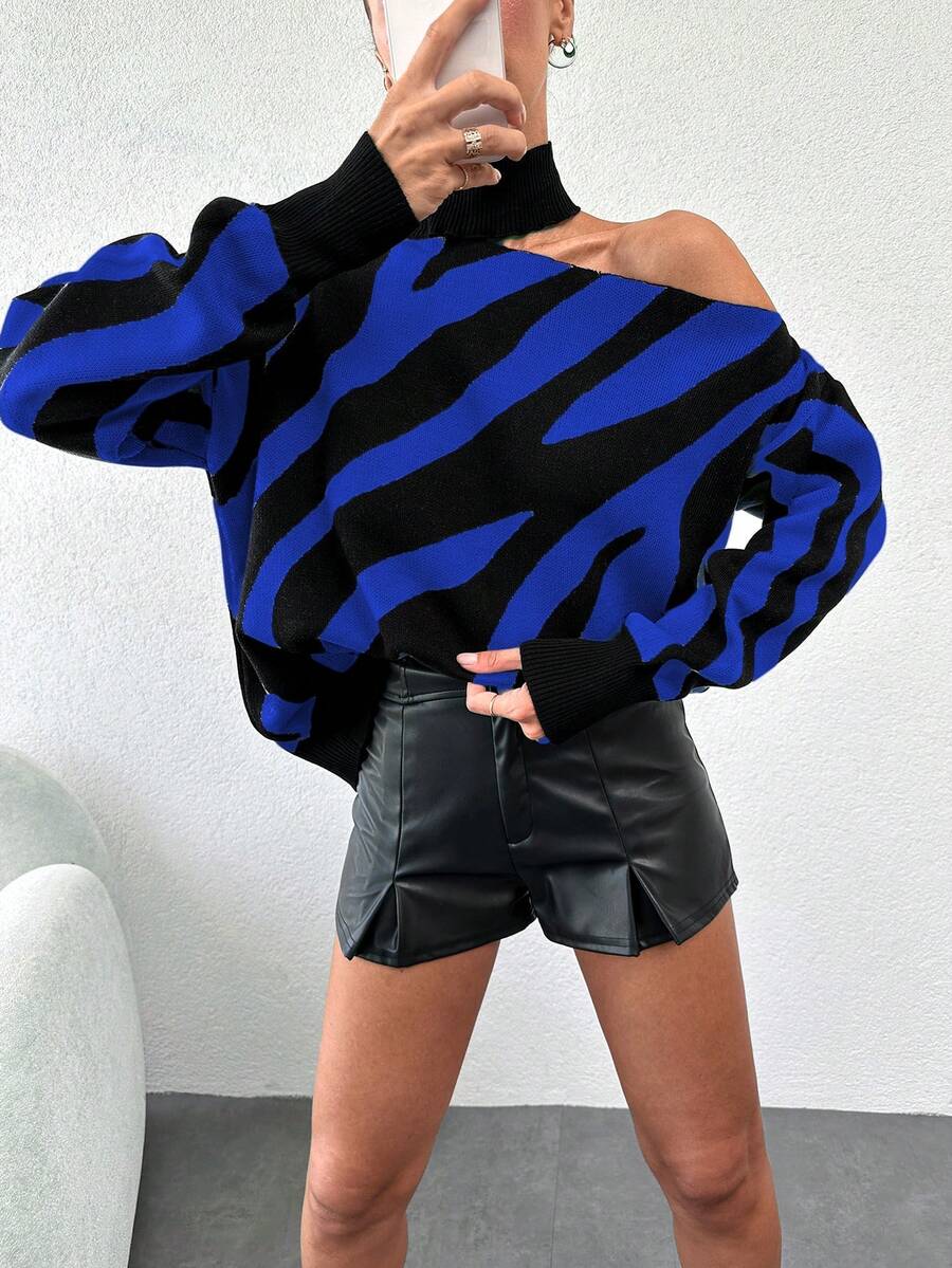 EURMUSE 落肩對比色寬鬆套頭毛衣,落肩設計 - 藍色 - 查看 1