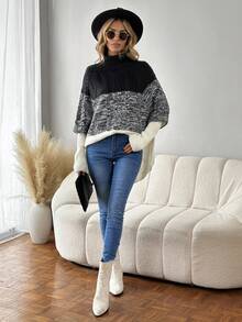 SHEIN LUNE Của phụ nữ Khối màu Lỏng lẻo phù hợp Giải trí Áo len - Xám - Xem 5