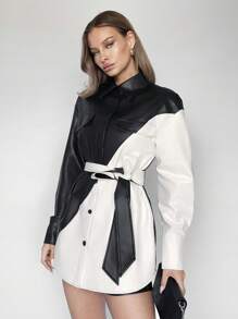 BizChic Của phụ nữ Tương phản Thắt lưng Da giả Áo khoác - Đen và trắng - Xem 2