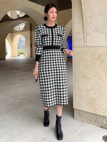 DAZY 女用格紋燈籠袖毛衣連身裙 - 黑與白 - 查看 7
