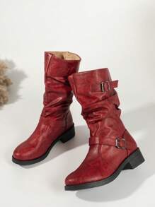Fashionable Ladies' Wrinkled Leather Mid-calf Boots 2023 New Black Wrinkled Leather Buckle Mid-calf Boots - Burgundy - View 3
