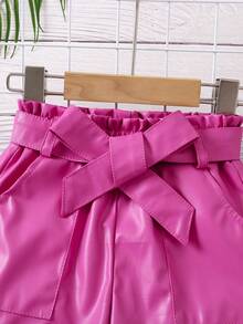SHEIN Little Girls' Pu Belted Shorts - Hot Pink - View 4