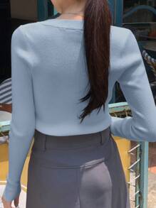 DAZY Solid Color Slim Fit Casual Knitted Sweater, Autumn,Long Sleeve Tops,Fall Women Clothes - Baby Blue - View 2