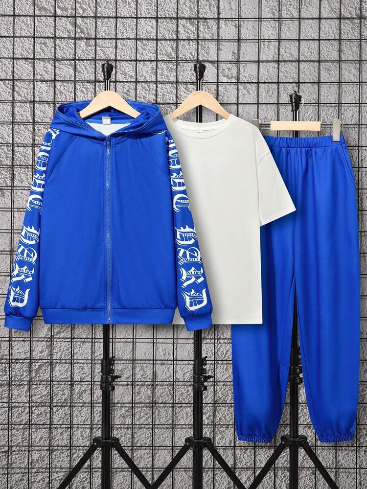 Tween Boy Letter Graphic Zip Up Hooded Jacket & Tee & Sweatpants