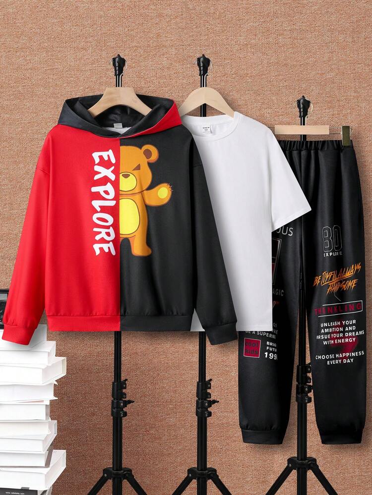 Tween Boy Bear And Letter Graphic Two Tone Hoodie & Sweatpants Without Tee