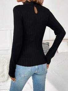 SHEIN Clasi Guipure Ren tương phản Cổ giả Áo thun - màu đen - Xem 2