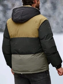 Manfinity Homme 超大号男式双色夹棉大衣，配有翻盖口袋和连帽 - 咖啡棕 - 查看 2