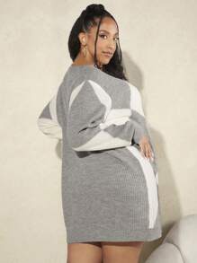 SHEIN CURVE+ 大碼幾何圖案下垂式針織開襟外套 - 灰色 - 查看 2